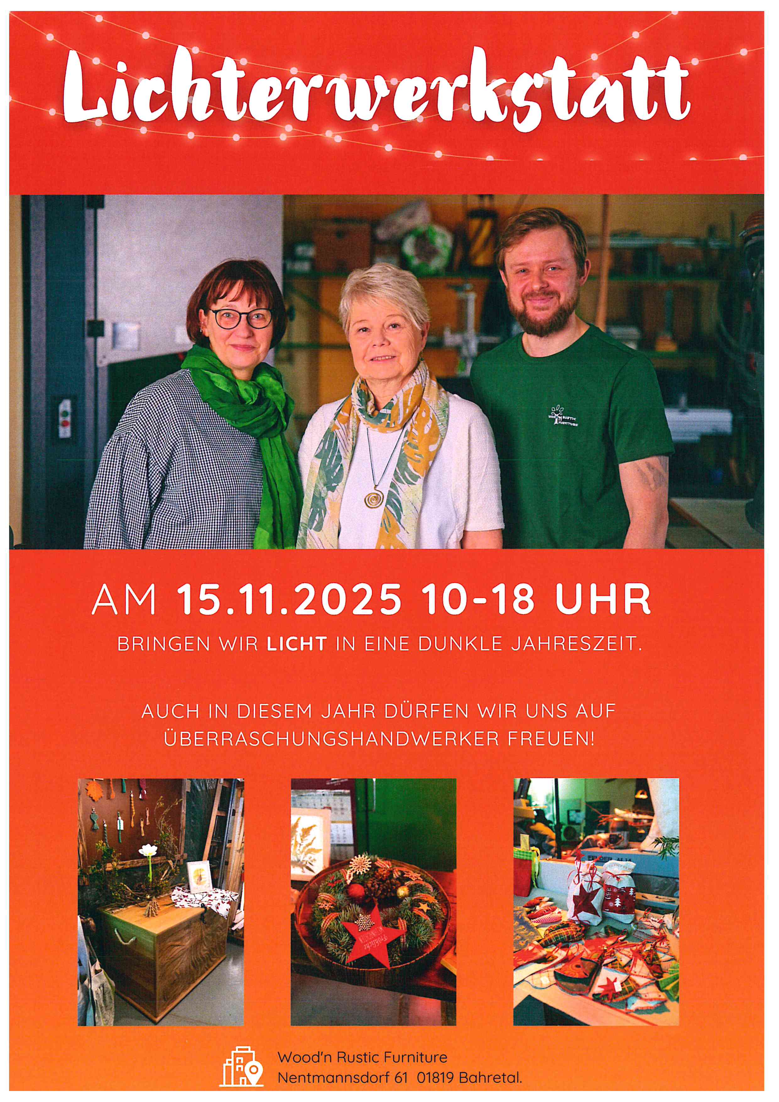 Flyer für eine Veranstaltung in der „Lichterwerkstatt“ bei der Firma Wood'n Rustic Furniture in Nentmannsdorf.
